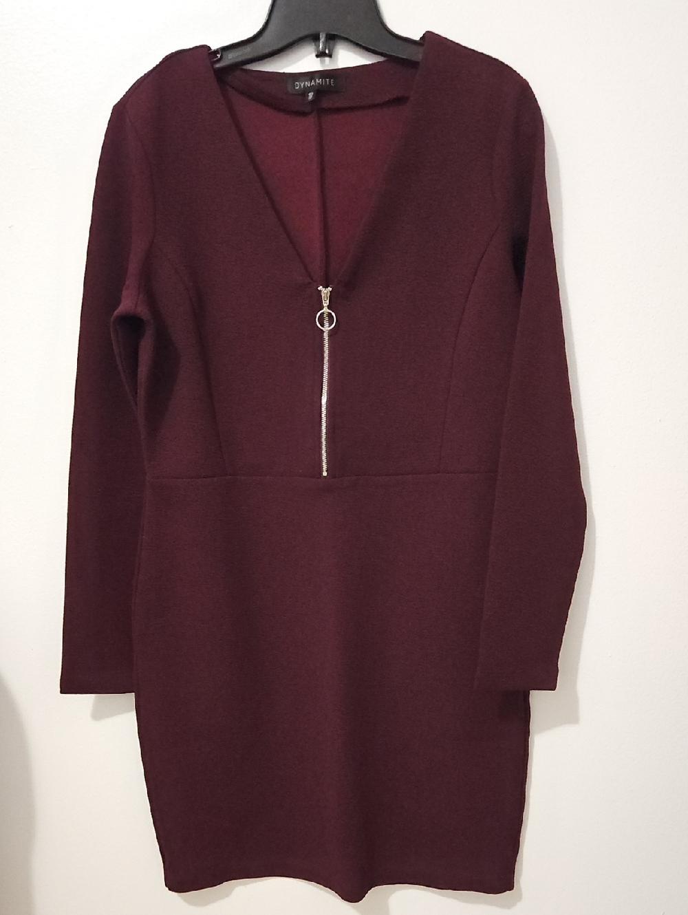 Dynamite Zip-Front Long Sleeve V-Neck Dress